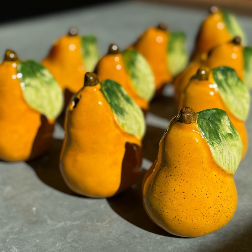 Ceramic Pear Faux Fruit with Green Leaves - 10 Pieces of Vintage Ceramic Fruit